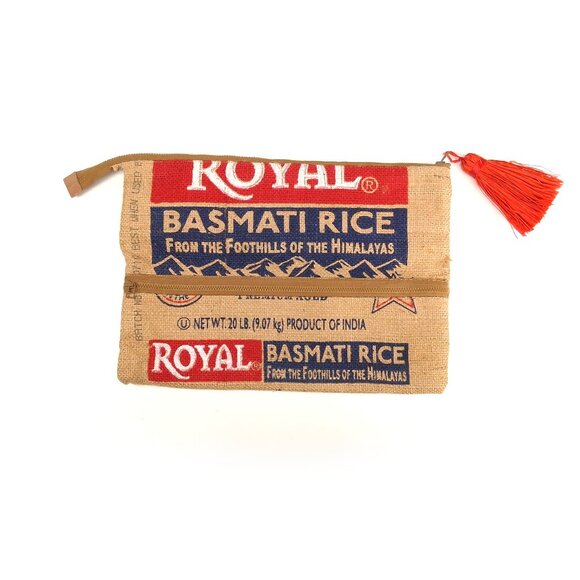 Upcycled Burlap Rice Sack Fold over Clutch Zipper Pouch Tassel Lined Hand Made - Picture 3 of 10